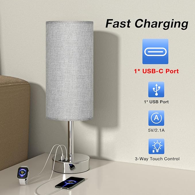 Grey Touch Nightstand Lamps for Girl - Small Bedside Lamp with USB-C and USB Charging Ports, 3 Way Dimmable Control Table Lamp for Living Room Office, Dorm, Reading with Fabric Shade Silver Base - Bloomnest