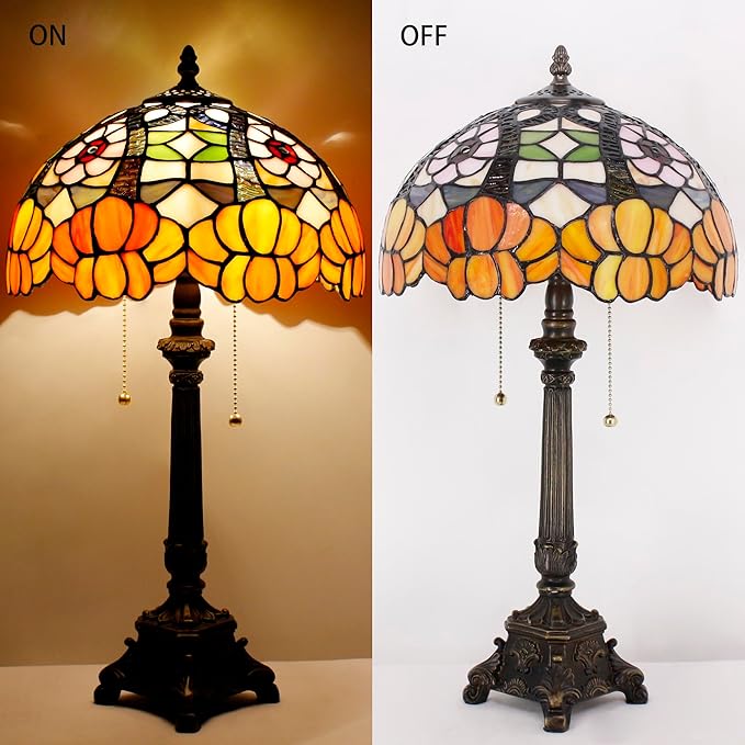 Tiffany Lamp Orange Flower Style Stained Glass Table Lamp Desk Reading Light 12X12X21 Inches with Resin Base Decor Bedroom Living Room - Bloomnest