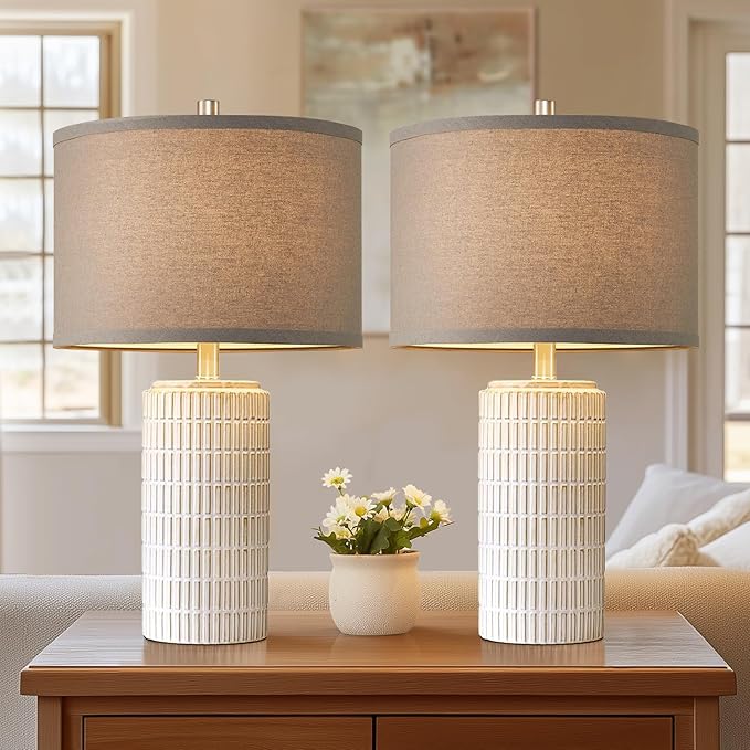23" Set of 2 Ceramic Table Lamps, Farmhouse Bedside Lamp for Bedroom Living Room Nightstand Entryway, Side Table Lamps Modern Desk Lamp, 2 LED Bulbs Included (Gray) - Bloomnest