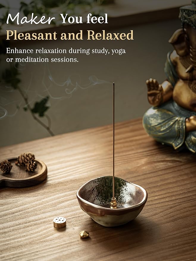 4 in 1 Incense Holder with 3 Different Incense Sockets, 4.25 Inch Incense Burner, Unique Round Shape Incense Holder for Sticks, Ceramic Incense Stick Holder for Meditation, Yoga, Rose Gold