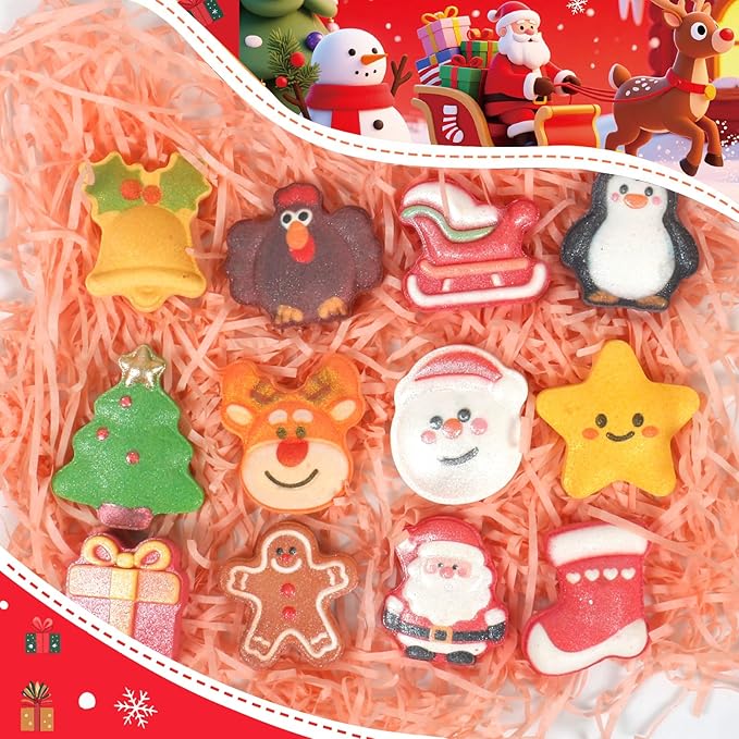 Christmas Bath Bombs for Kids & Women, Handmade Bath Bomb Gift Set of 12 Festive Shapes, Perfect Stocking Stuffers for Teen Girls & Boys, Skin Care Bathbombs as Christmas Gifts for Kids - Bloomnest