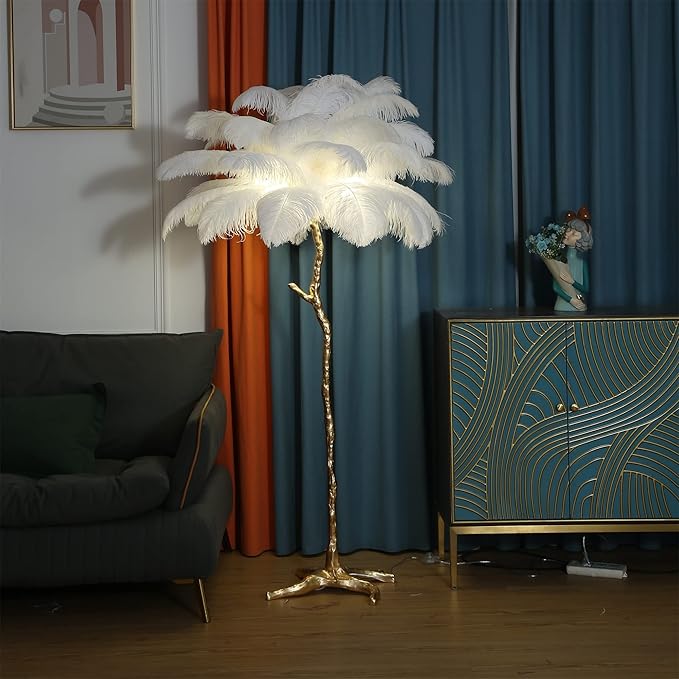 MAYOLA Luxury Resin Ostrich Feather Lamp, 35 Pieces Real Ostrich Feathers,Floor Lamp,for Living Room, Bedroom and Office 67” Tall Feather Lamp(White, Floor Lamp) - Bloomnest