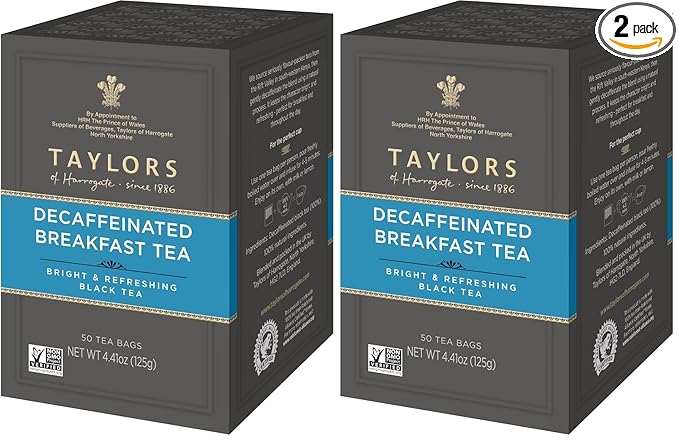 Taylors of Harrogate Decaffeinated Breakfast,Black Tea,Pillow Bags,Rich,Bright & Balanced,Decaffeinated,Enjoy Hot or Iced,50 Teabags,50 Count (Pack of 2) - Bloomnest