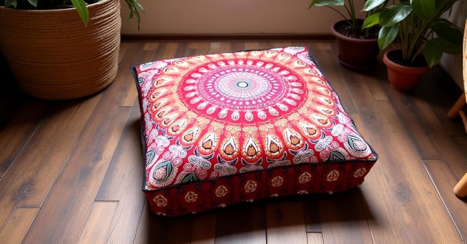 INDIAN CRAFT CASTLE 24" Red Peacock Mandala Barmeri Large Floor Pillow Cover Cushion Meditation Seating Ottoman Throw Cover Hippie Decorative Zipped Bohemian Pouf Ottoman Pom Pom Cases 24" Square - Bloomnest