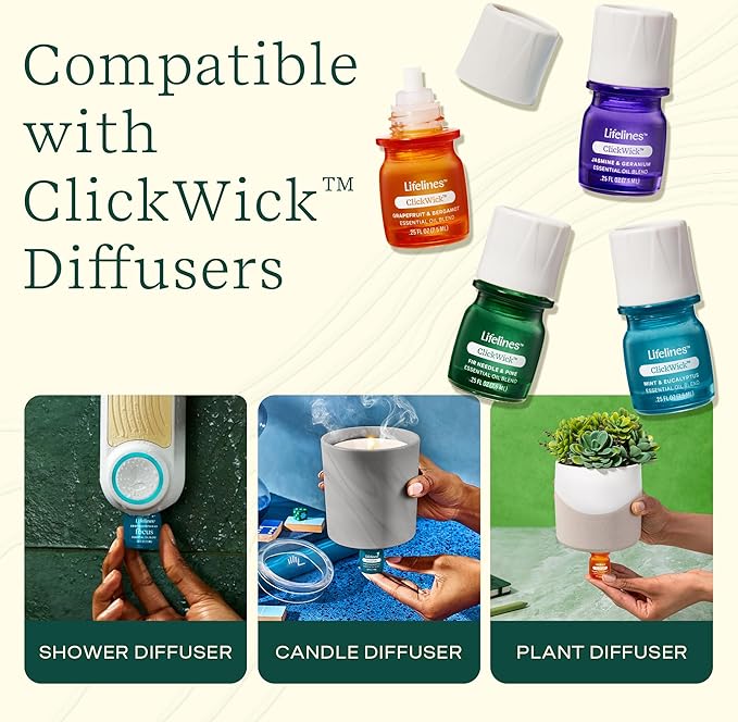 ClickWick Essential Oil Blends for Lifelines Diffusers, 4-Pack Discovery Set - Essential Oil Blend Refill for Candle, Plant & Shower Aromatherapy Diffuser - Fragrance for Diffusers - Bloomnest