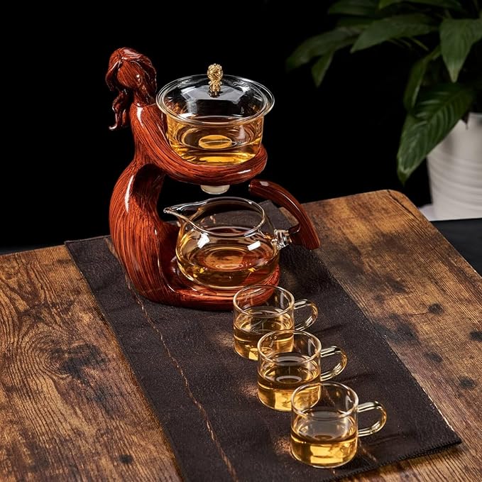 Glass Kungfu Teapot Set Tea maker with Infuser Semi Automatic Tea Set with 6 Small Cups (Red) - Bloomnest