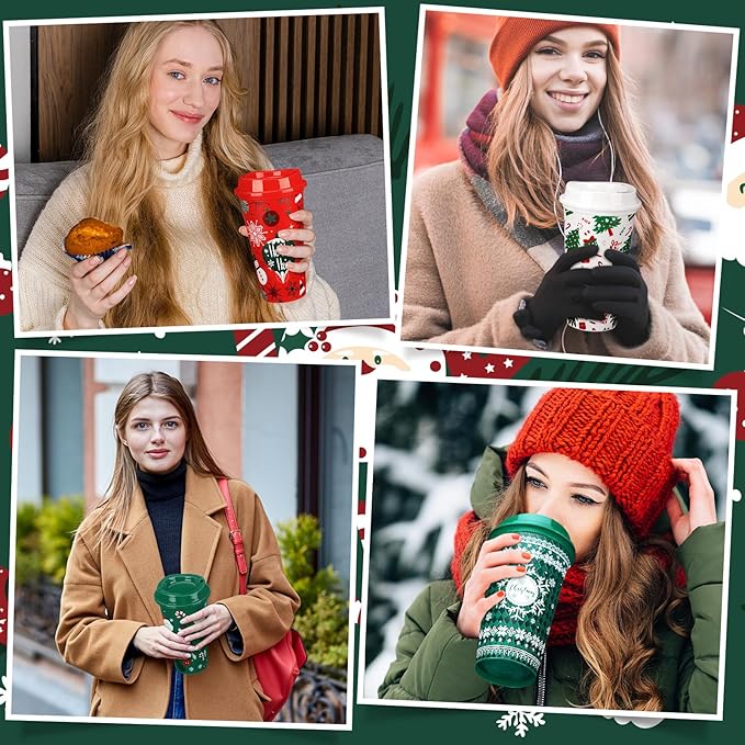 Pickmesh 12 Pack Christmas Coffee Cups Gifts Bulk 16 oz Reusable Coffee Cup Tumblers with Lid Plastic Cups Travel Mug Thank You Gifts for Women Coworkers Holiday Drinks - Bloomnest