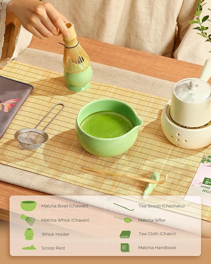 Maestri House Matcha Whisk Set, 7-Pc Complete Matcha Kit with Spouted Ceramic Bowl, Bamboo Whisk and Holder, Scoop, Spoon Rest & Sifter, Tea Cloth – Ideal Gift for Matcha Lovers (Green) - Bloomnest