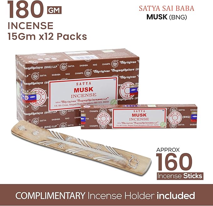 Satya Musk Incense Sticks, Satya Bng Insenses 15gmx12 Pack with Raajsee Incense Holder Bundle, Satya Nagchampa Natural Incense - Bloomnest