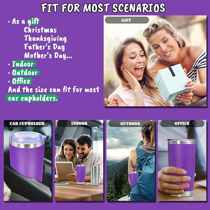 20 oz Tumbler with lid Double Wall Vacuum Insulated Tumblers Stainless Steel Coffee Mug Travel Coffee Tumbler Powder Coated Tumbler Cup Keep Hot&Cold - (PurPle 12 Pack) - Bloomnest
