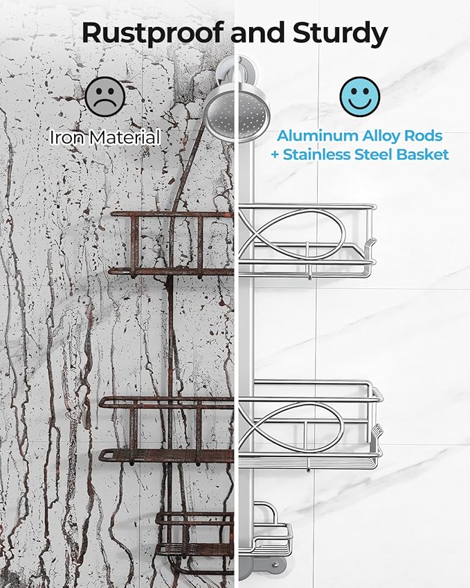 ODesign 2 Tier Stainless Steel Anodized Aluminum,Height-Adjustable Rustproof Shower Caddy Hanging Anti-Swing-Over The Shower Head Caddy-Bathroom Showe r Storage Organizer With Soap Box Holder- Sliver - Bloomnest