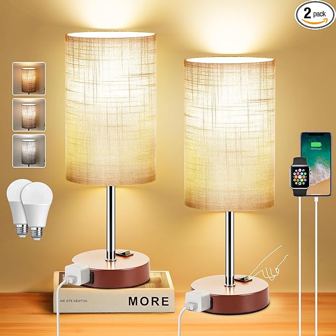 ZJOJO Table Lamp for Bedroom Set of 2, Bedside Small Lamps with 3 Way Dimmable Rocker Switch and AC Outlet, Nightstand Desk Lamp with Gray Fabric Shade Brown Base for Living Room Home Decor Lights - Bloomnest
