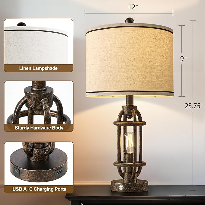 23.75'' Table Lamps Set of 2 for Living Room Bedroom Industrial Farmhouse Metal Touch Lamps with USB A+C Ports, Night Light Vintage Nightstand Bedside Lamp, Bulbs Included, Bronze - Bloomnest