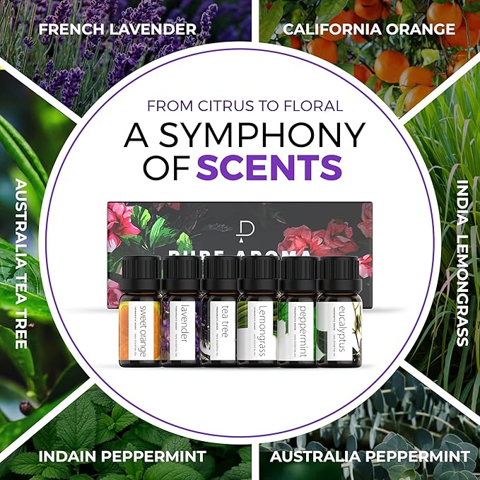 Essential Oils Set by Pure Aroma - Top 6 Aromatherapy Oils Gift Set-6 Pack, 10ml (Eucalyptus, Lavender, Lemongrass, Sweet Orange, Peppermint, Tea Tree) - Bloomnest