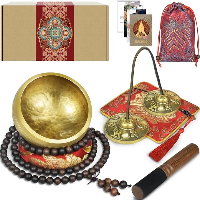 Artcome 7PCS Tibetan Meditation Set - Tibetan Singing Bowl & Tibetan Tingsha Cymbals Bells Handmade in Nepal for Meditation, Yoga, Tranquility, Relaxation, Chakra Healing, Stress Relief & Mindfulness - Bloomnest