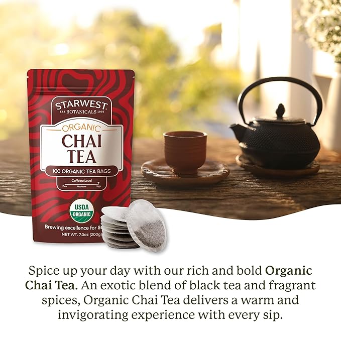 Starwest Botanicals Organic Chai Tea - Caffeinated Herbal Blend with Black Tea & Cinnamon, String Free Sachets, USDA Organic, Non GMO - Bulk Pack, 100 Tea Bags - Bloomnest
