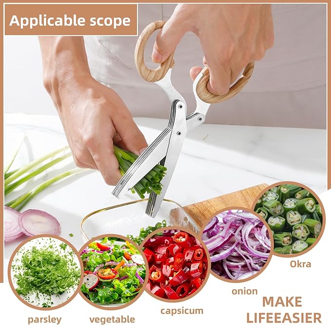 2025 New Herb Scissors Set - Wood Grain Pattern 5 Blades with Cover and Comb - Skin-Friendly Handle, Delicate Grip - Dishwasher Safe, Anti-Rust Stainless Steel for Cutting Fresh Garden Herbs - Bloomnest