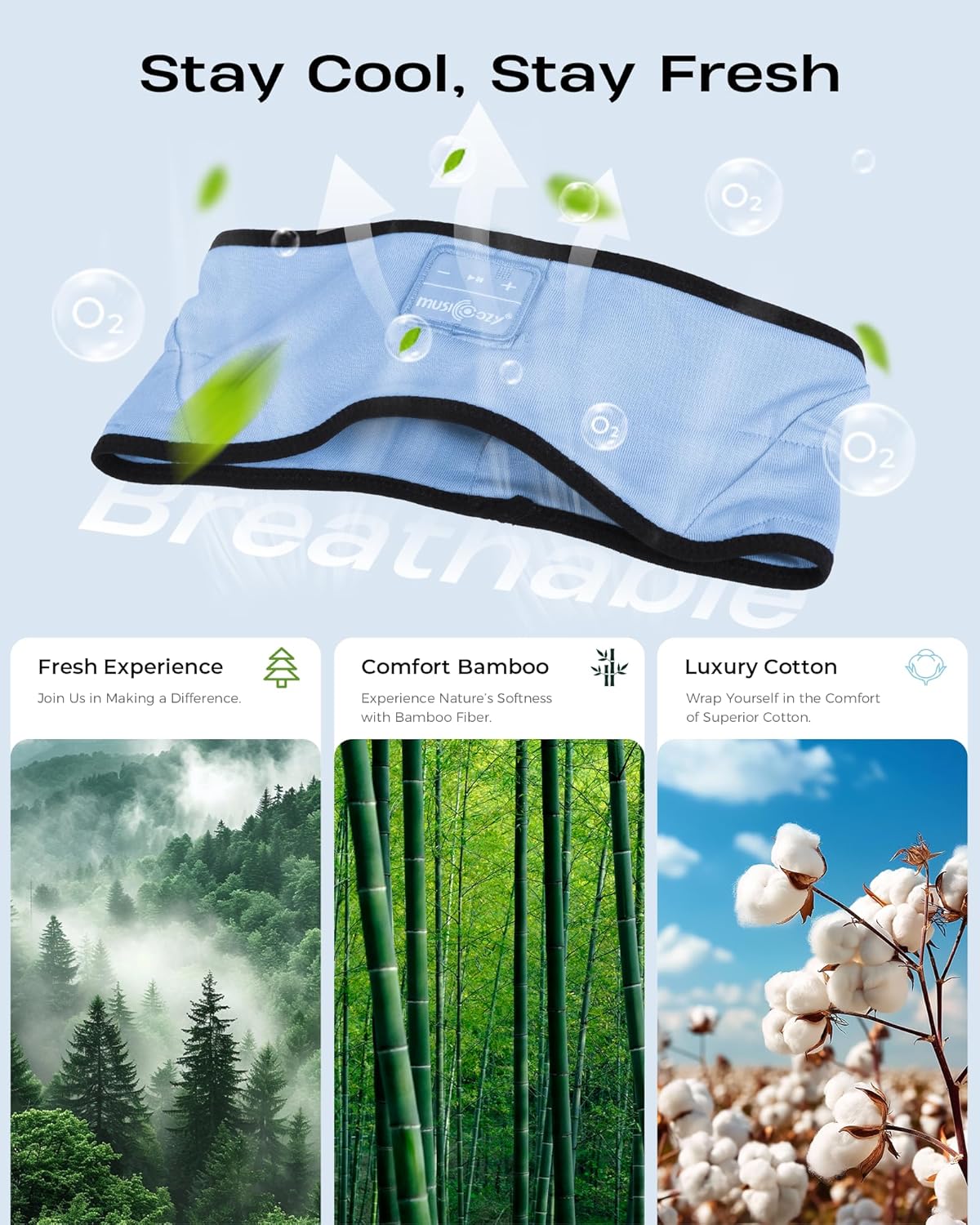 MUSICOZY Sleep Headphones Soft Bamboo Cotton Headband Headphones for Sleeping, Sleep Headphone Wireless Bluetooth 5.4 with Ultra-Thin HD Stereo Speaker for Unique Gifts(Light Blue)