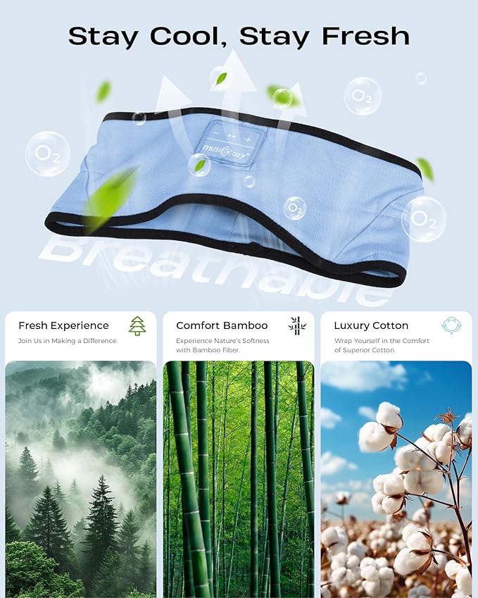 MUSICOZY Sleep Headphones Soft Bamboo Cotton Headband Headphones for Sleeping, Sleep Headphone Wireless Bluetooth 5.4 with Ultra-Thin HD Stereo Speaker for Unique Gifts(Light Blue) - Bloomnest