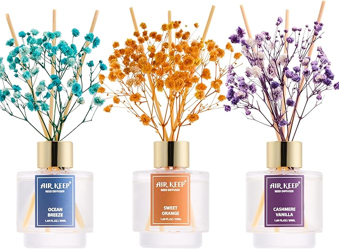 Airkeep Reed Diffuser Set of 3, Ocean Breeze Sweet Orange Cashmere Vanilla Oil Reed Diffusers for Bedroom Living Room Office Aromatherapy Oil Reed Diffuser for Gift 50ml x 3 - Bloomnest