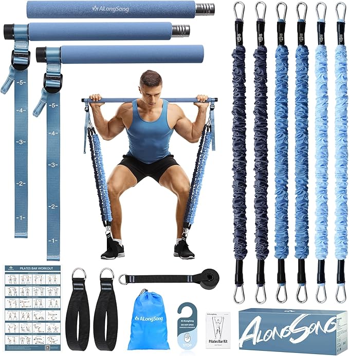 Upgraded Pilates Bar Kit with Resistance Bands Natural Latex for Women & Men, Heavy-Duty Stainless Steel Multifunctional Yoga Pilates Stick for Home Gym Exercise Fitness Equipment Full-Body Workouts - Bloomnest