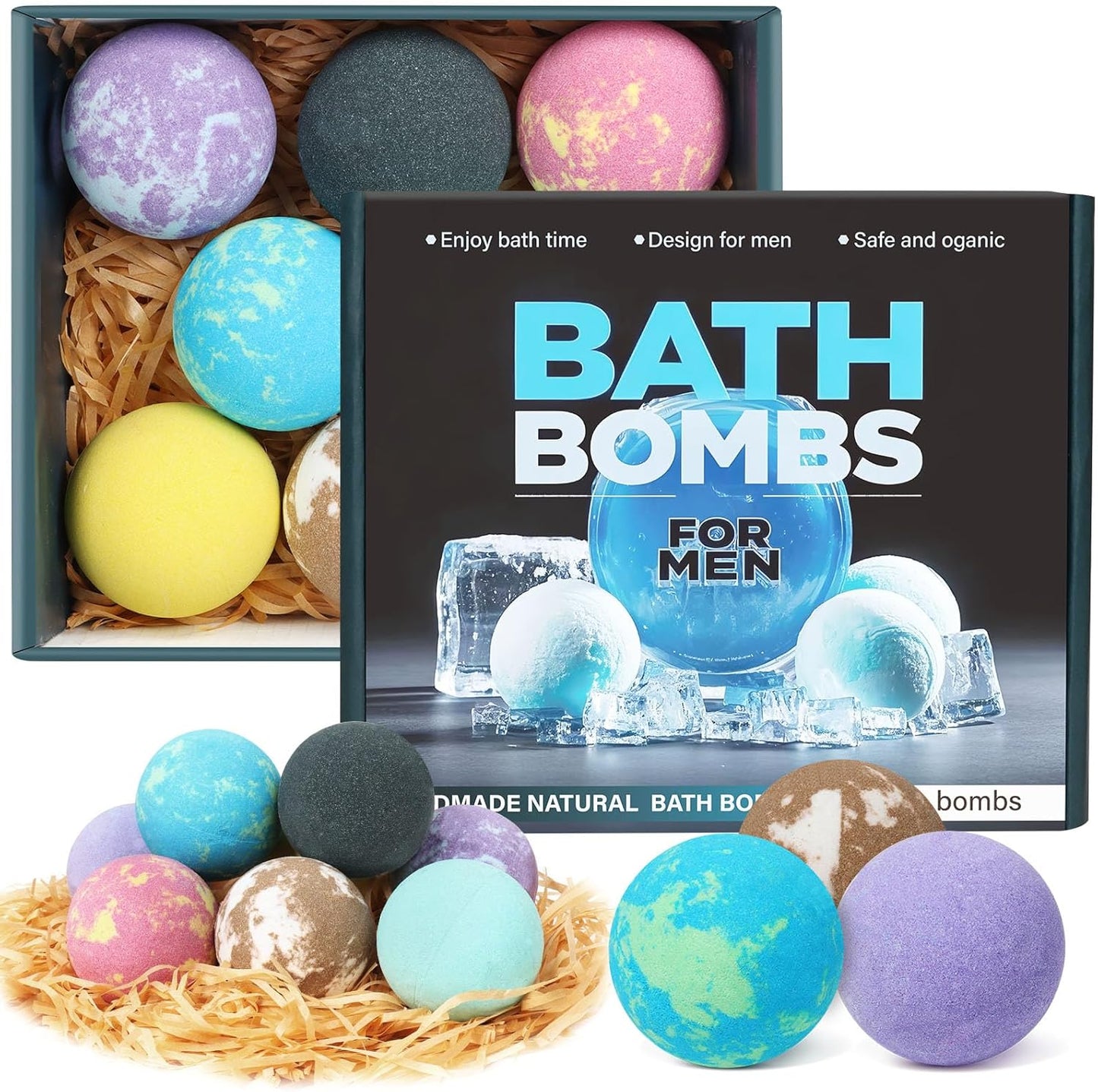 Bath Bombs for Men, 8 Pack Organic Bath Bombs Set with Natural Essential Oils, Relaxing Gifts for Men & Women, Father's Day Birthday Easter Gift for Husband Boyfriend