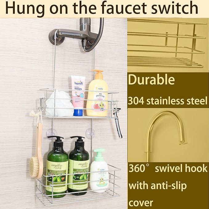 Hanging Shower Rack Shower Caddy with Rotatable Hook bar Over the Door and Can be Hung on the Faucet or Claw Foot, 304 Stainless Steel Rust Proof and Durable (Double-Layer) - Bloomnest
