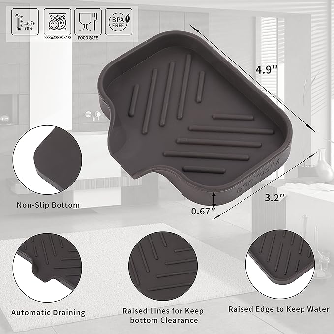 Silicone Bathroom Soap Dishes with Drain Spout-Bathroom and Kitchen Sink Organizer,Sponge Holder,Dish Soap Tray,Perfect for Dispenser,Scrubber,Bottle,Cup on Sink or Counter-Coffee 4.9"×3.2" - Bloomnest