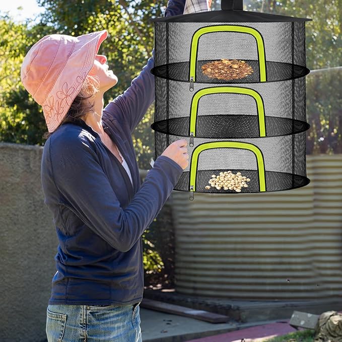 3 Layer Herb Drying Rack, Herb Drying Rack Hanging Mesh, Foldable Bud Drying Net with U-Shaped Zipper, Hooks, for Drying Herbs Plants, Flowers, Fruits, Food, Camping (3 Layers-23.62'') - Bloomnest
