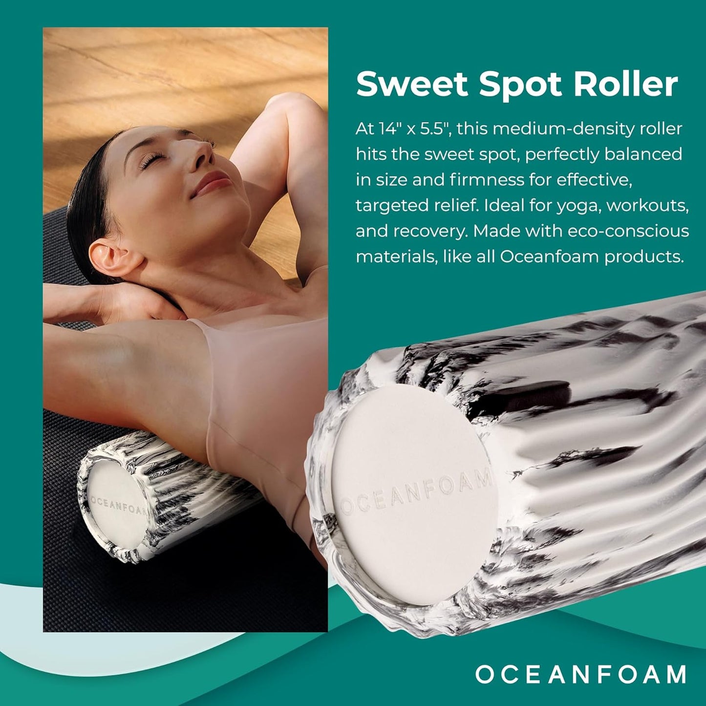 Oceanfoam Sweet Spot Medium Exercise Foam Roller 14"x5.5" – Medium Density Foam Roller for Physical Therapy, Deep Tissue Massage, Yoga, Pilates, Classic Exclusive Wave Texture (Black Marbled)