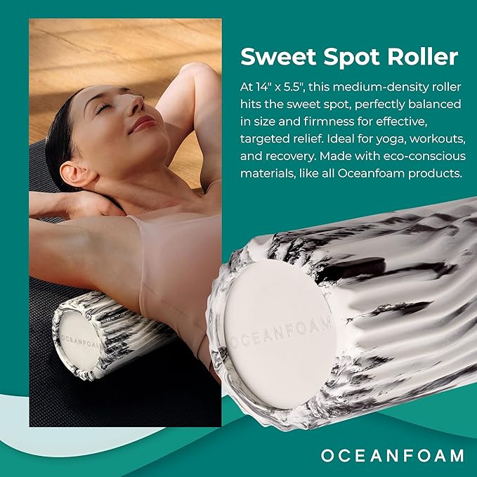 Oceanfoam Sweet Spot Medium Exercise Foam Roller 14"x5.5" – Medium Density Foam Roller for Physical Therapy, Deep Tissue Massage, Yoga, Pilates, Classic Exclusive Wave Texture (Black Marbled) - Bloomnest