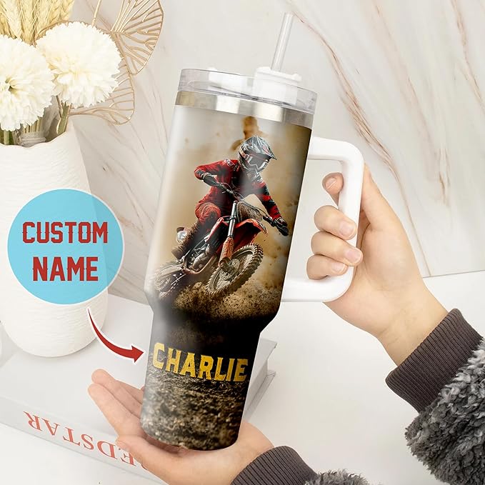 WAZONE Personalized Dirt Bike Racing Stainless Steel 40oz Tumbler with Handle and Straw Thanksgiving Birthday Christmas Fathers Day Custom Gifts For Motorcycle Boyfriends Men Dad Husband - Bloomnest