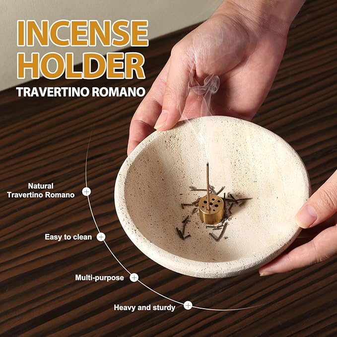 Travertine Incense Holder 2PCS, Natural Marble Incense Holder for Sticks with 9 Incense Holes, Sturdy Incense Burner Ash Catcher, Ideal for Meditation, Relaxing - Bloomnest