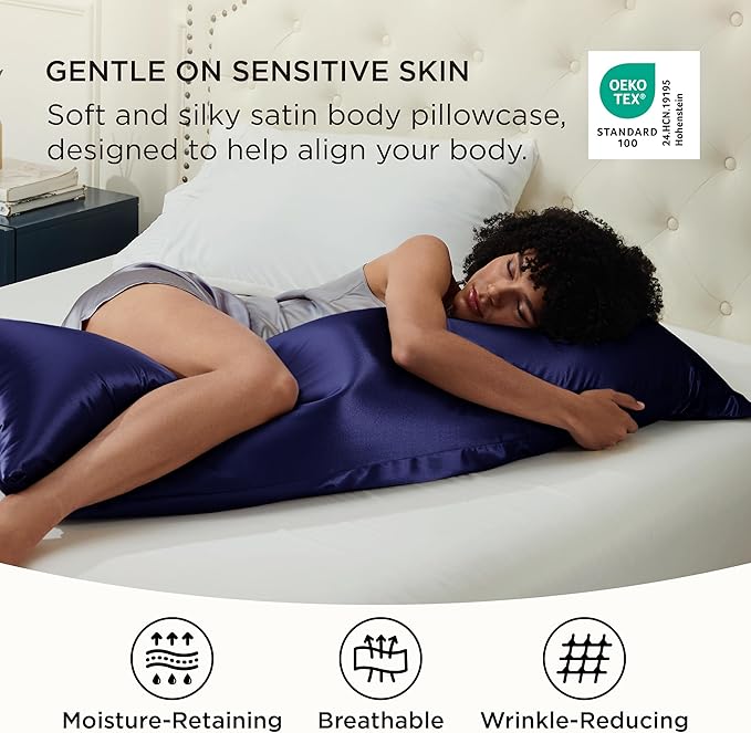 Bedsure Body Pillow Cover 20x54 Inches - Navy Satin Similar to Silk Pillowcase for Hair and Skin, Cooling and Silky Long Body Pillow Pillowcase for Adults with Envelope Closure, Gifts for Women Men - Bloomnest