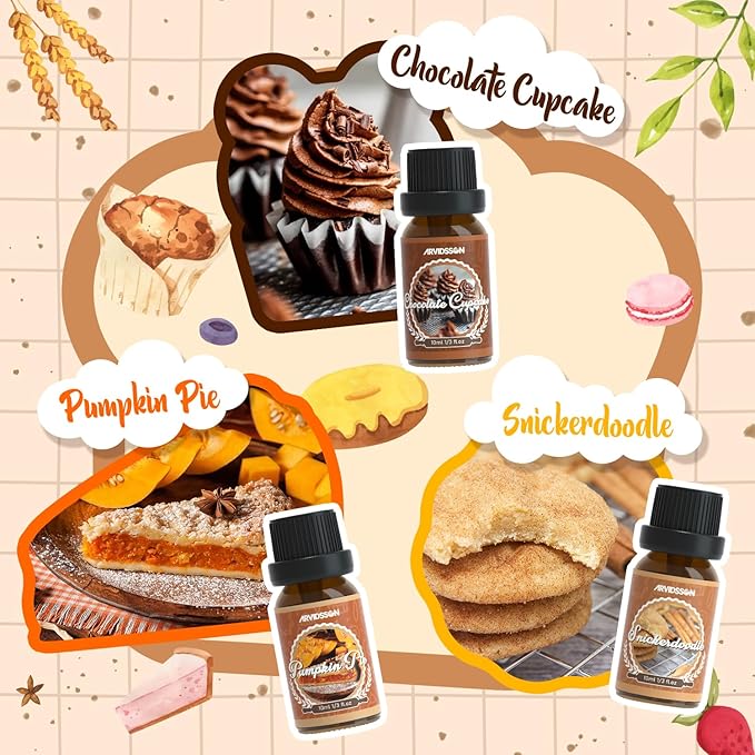 Bakery Fragrance Oils Set, ARVIDSSON Bakery Dessert Essential Oils for Candle Making, Pumpkin Pie, Snickerdoodle, Gingerbread, Creamy Vanilla and More, Cozy Fall Essential Oils for Diffuser - Bloomnest