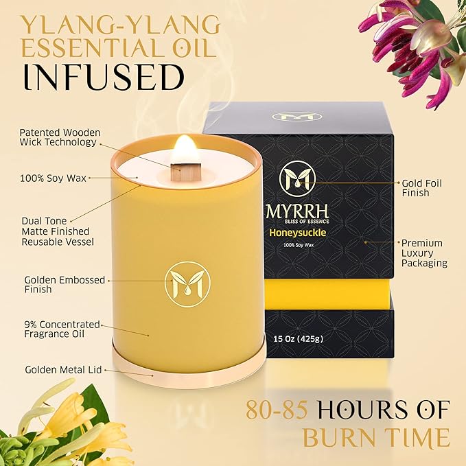 MyrrhUSA Honeysuckle Scented Candle – 15 oz Natural Soy Wax with Crackling Wooden Wick & Essential Oils | 80 Hour Burn | Luxury Aromatherapy Candle for Relaxation, Home Décor, Living Room & Bathroom - Bloomnest