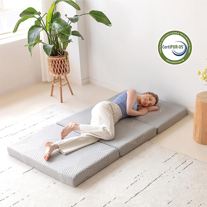 Tri-Fold Memory Foam Mattress, 6 inch Full Folding Topper with Collapsible and Washable Cover, Travel and Guest Mat, 75"×54"×6", Grey - Bloomnest
