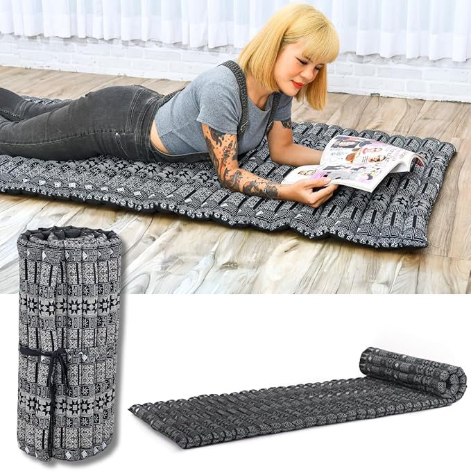 Leewadee - Foldable Floor Mattress - Japanese Roll Up Futon -Trifold Tatami Mat- Guest Floor Bed - Camping Mattress - Thai Massage Mat, Kapok Filled, 75 x 28 inches, Black - Bloomnest