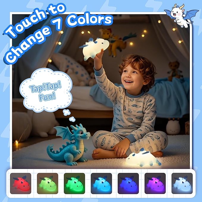 Attivolife Dragon Night Light for Kids, Cute Soft Silicone Touch Lamp with 8 Color & Dimmable & Timer, Portable Nursery Bedroom Bedside Decor LED Light, Birthday Xmas Gifts for Baby Toddler Boy Girl - Bloomnest