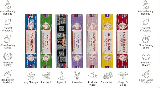 Satya Incense Gift Set Nag Champa, Super hit, Dragon's Blood, Sandalwood, Patchouli, Lavender, Positive Vibes, 15 g Satya