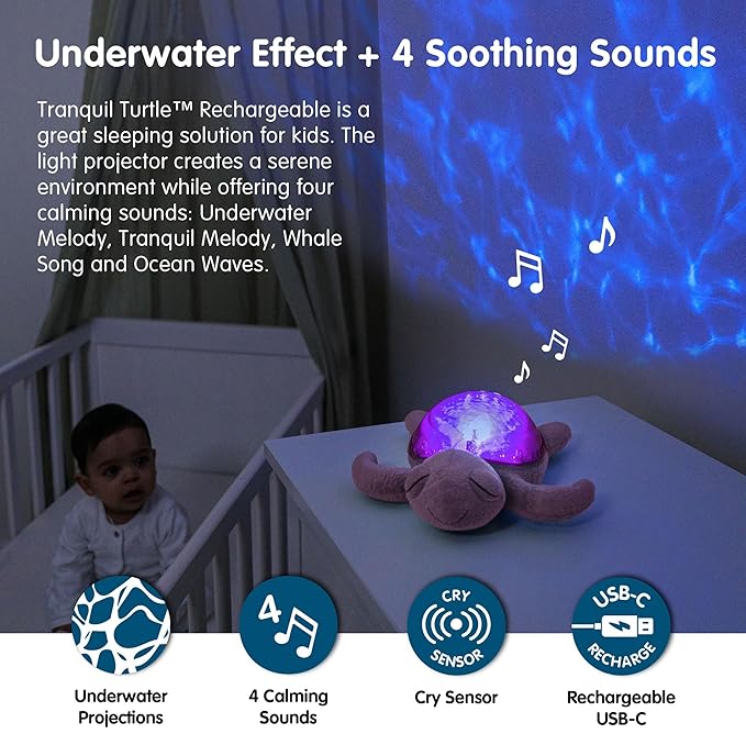 ﻿Cloud b Ocean Projector Nightlight with 2 White Noises & 2 Soothing Sounds | Adjustable Settings | Cry Sensor | Tranquil Turtle - Pink (Rechargeable) - Bloomnest