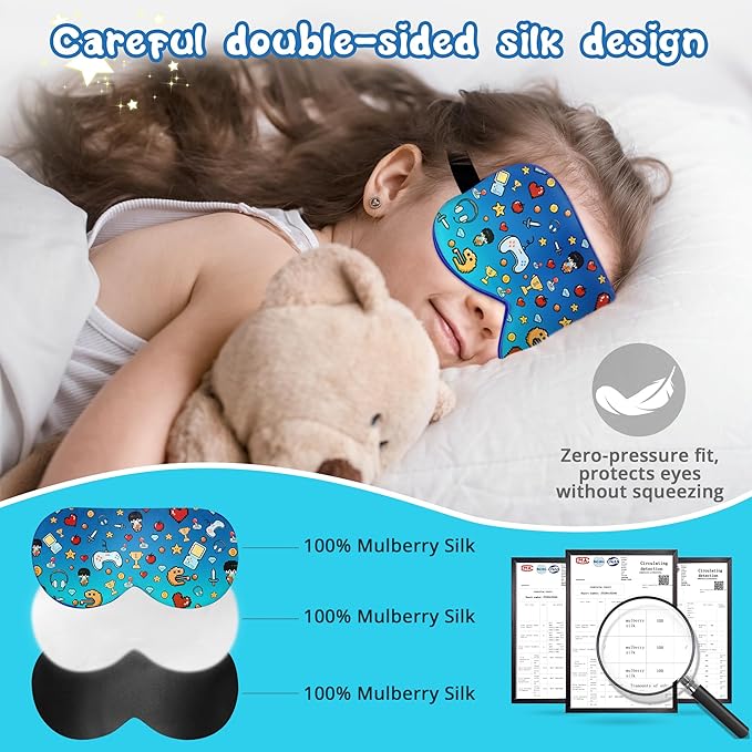 Kids Sleep Mask Eye Cover: 100% Real Natural Pure Silk Eye Mask with Adjustable Strap, Funny Blindfold Kids Eye Mask for Sleeping, Soft & Lightweight Eye Shade for Boys Girls Teens (Games Style) - Bloomnest