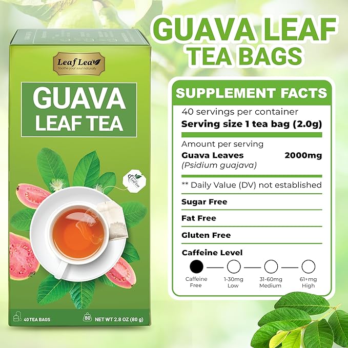 LeafLea Guava Leaf Tea, 80 Fresh-Sealed Tea Bags, Herbal Tea Made from Natural Guava Leaves (Hojas de Guayaba), Digestive Support & Immune Balance, Caffeine-Free, Sugar-Free, Pack of 2 - Bloomnest