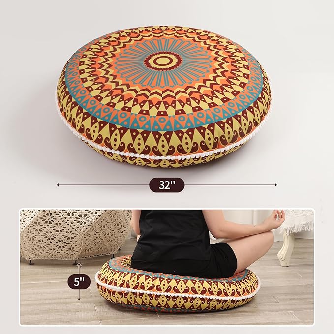 32 inches Meditation Floor Cushion for Adults, 2 Pack Round Large Thick Floor Pillow, Memory Foam Filling, Yellow
