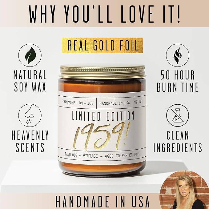 66th Birthday Gifts for Women - 'Limited Edition 1959' Soy Candle, w/Champagne on Ice I 66 Birthday Gifts for Women I 66th Gift for Her Ideas I 9oz Reusable Jar, 50Hr Burn, Made in USA - Bloomnest