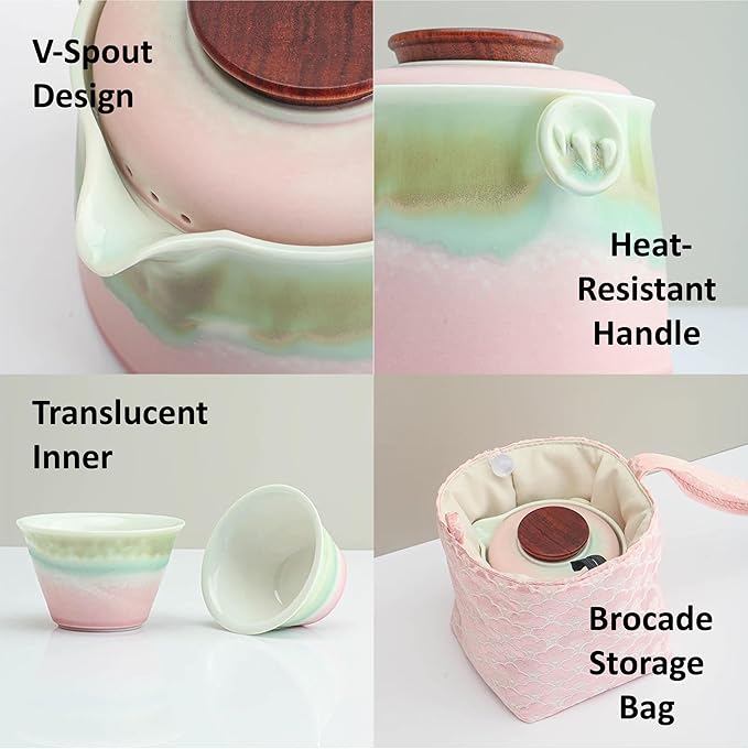 Hermit Life Chinese Travel Tea Set, Portable Ceramic Teapot for One to Two, Gongfu Tea Set with Color Gradient Design, 1 Pot 2 Cups, Gift for Tea Lovers (Pink&Pistachio Green) - Bloomnest
