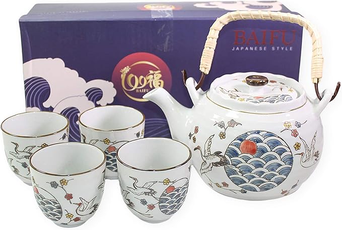 White Crane Heron Japanese Teapot set with 4 Tea Cups ~ Japanese Antique Design and Filter Gift/Birthday gift/Kitchen/Teapot/idea for gift ~ We Pay Your Sales Tax - Bloomnest