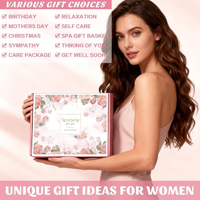 Birthday Gifts for Women Self Care Get Well Soon Gifts, Rose Relaxing Spa Gift Basket - Happy Birthday Set w/ Luxury Flannel Blanket & 40 oz Tumbler, Christmas Gift for Mom Her Wife Sister Friend - Bloomnest