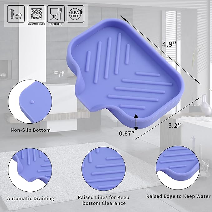 Silicone Bathroom Soap Dishes with Drain Spout-Bathroom and Kitchen Sink Organizer,Sponge Holder,Dish Soap Tray,Perfect for Dispenser,Scrubber,Bottle on Sink or Counter-Light Purple 4.9"×3.2" - Bloomnest