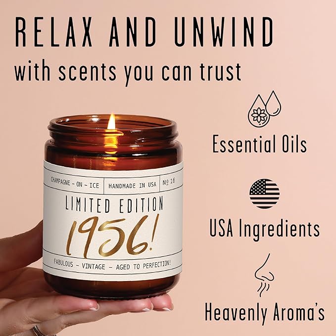 69th Birthday Gifts for Women - 'Limited Edition 1956' Soy Candle, w/Champagne on Ice I 69 Birthday Gifts for Women I 69th Gift for Her Ideas I 9oz Reusable Jar, 50Hr Burn, Made in USA - Bloomnest